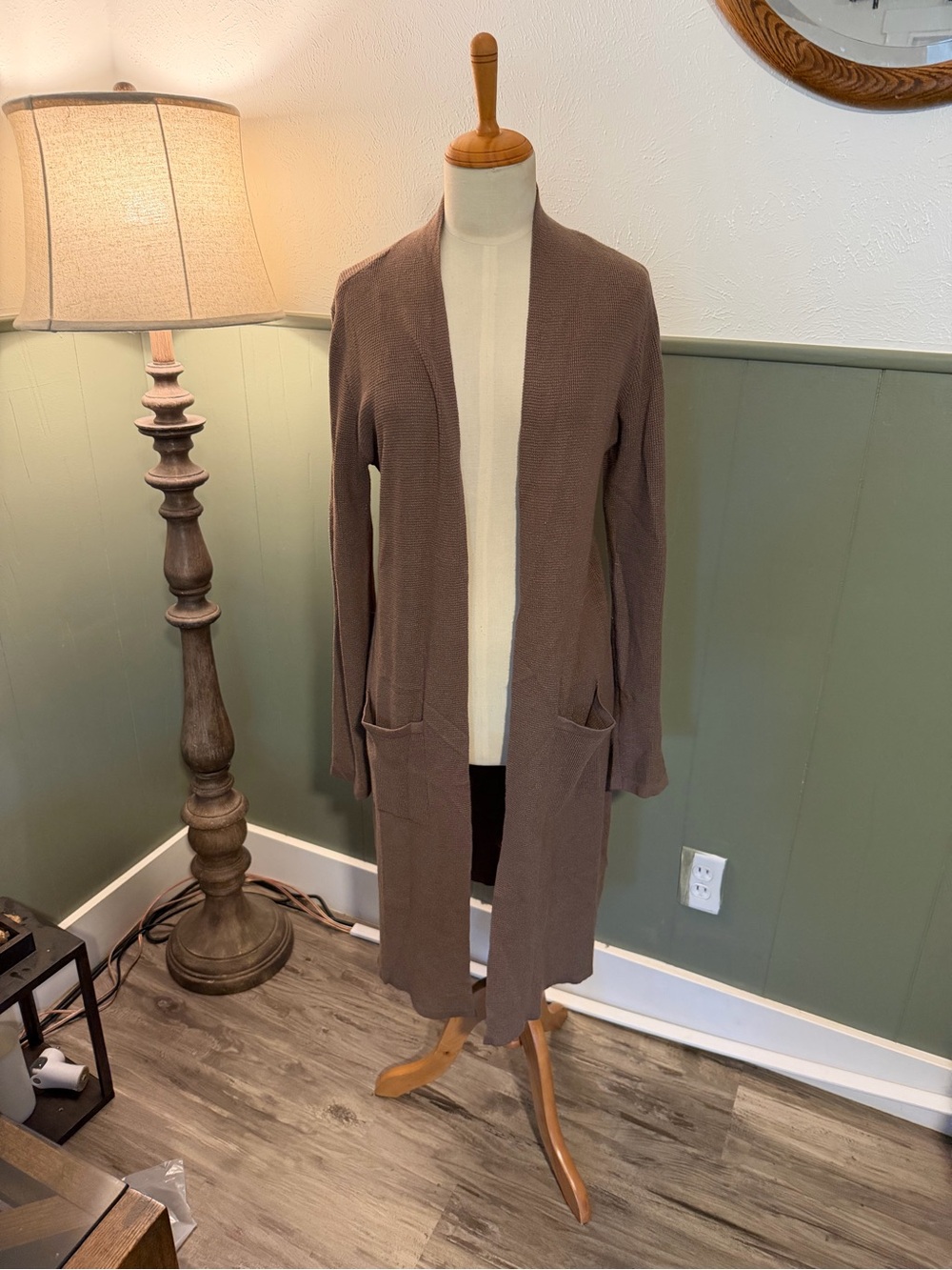 Cyrus Open-Front Long Cardigan in Taupe Brown